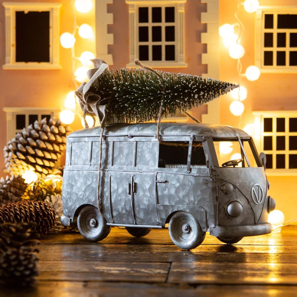 Silver Campervan with Christmas Tree