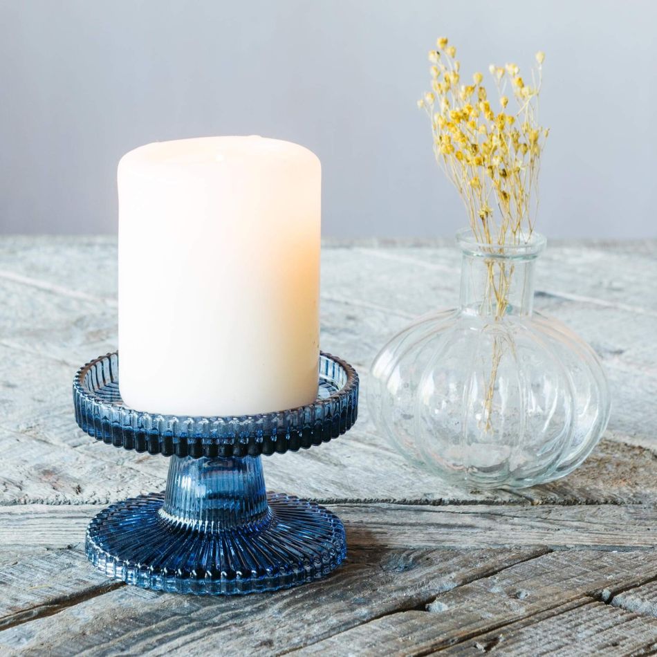 Vintage Ribbed Blue Glass Candle/Candlestick Holders Set of 6 - Assort