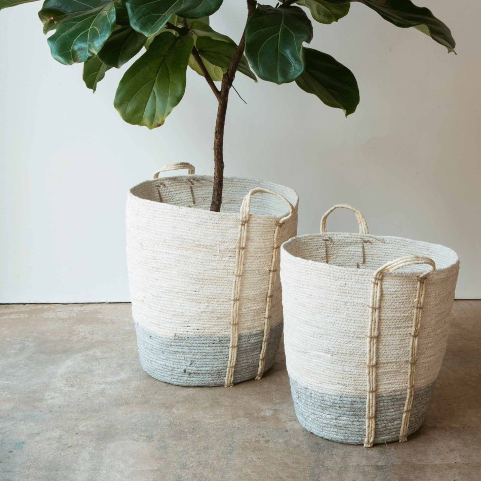 Set of Two Tall Grey and White Baskets