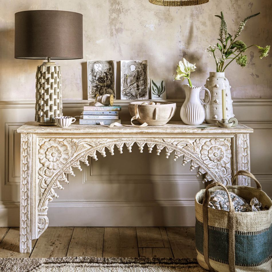 Kaia Carved Wood Console Table