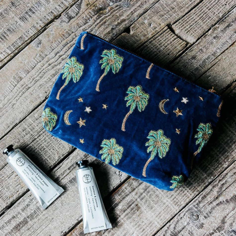 Cobalt Velvet Palm Tree Makeup Bag