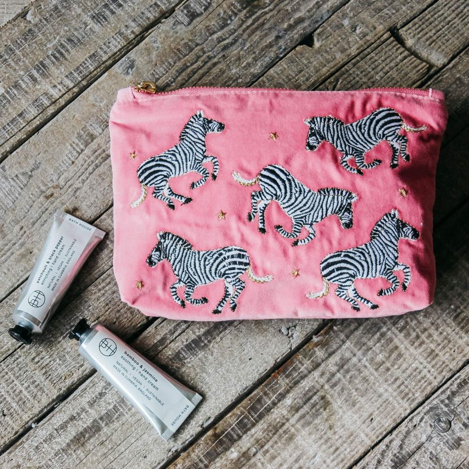 Rose Pink Velvet Zebra Makeup Bag