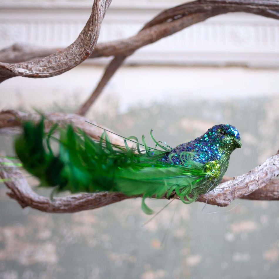 Green Glitter Curly Tail Bird Christmas Decoration