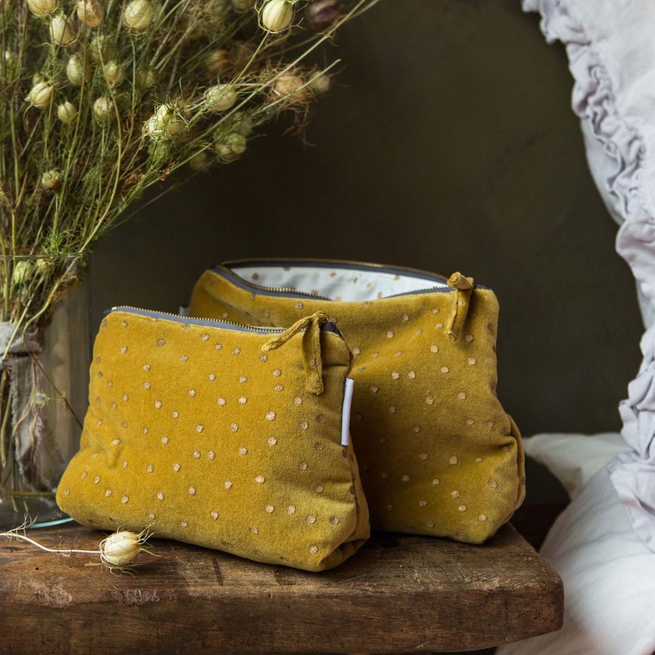 Mustard Dotty Velvet Wash Bags