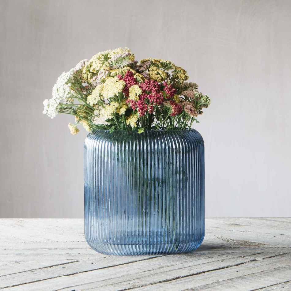 Blue Ribbed Oval Vase