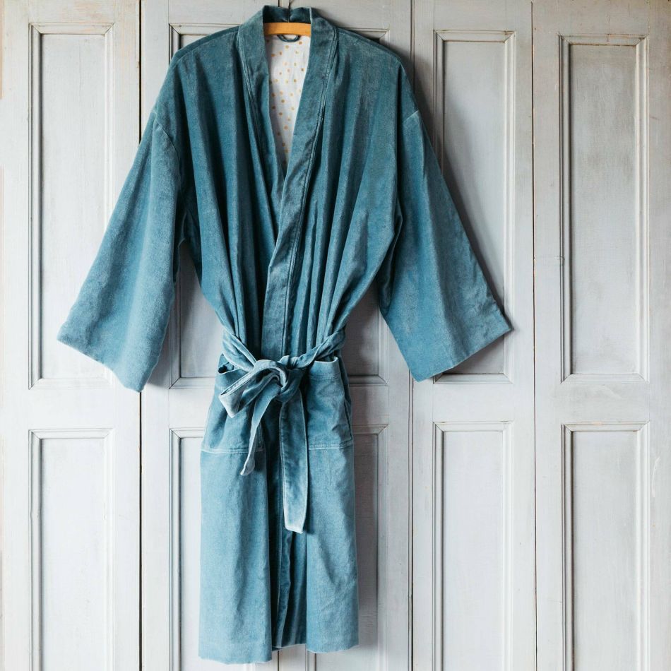Smoke Blue Velvet Kimono Dressing Gowns