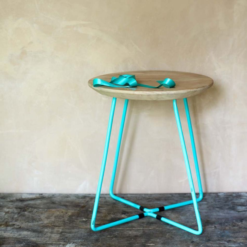 Wooden Stool With Aqua Frame