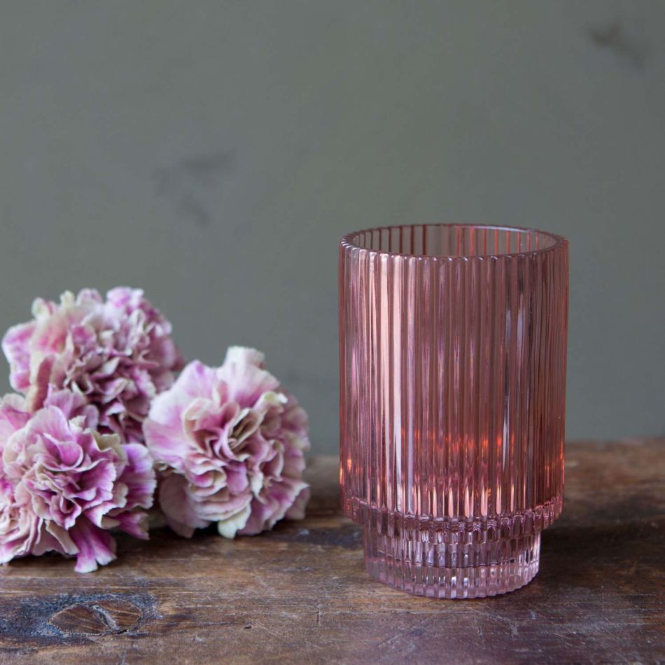 Pink Reeded Glass Tea Light Holder