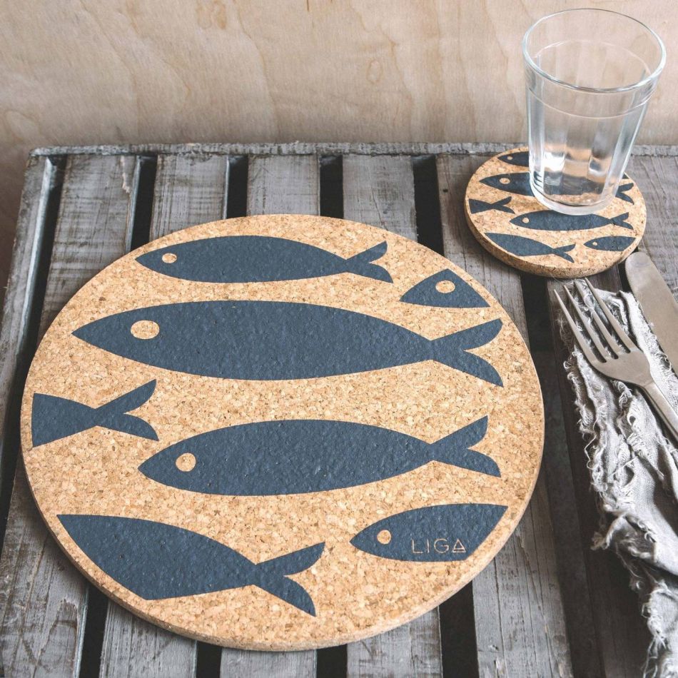 Cork Grey Fish Placemat and Coaster