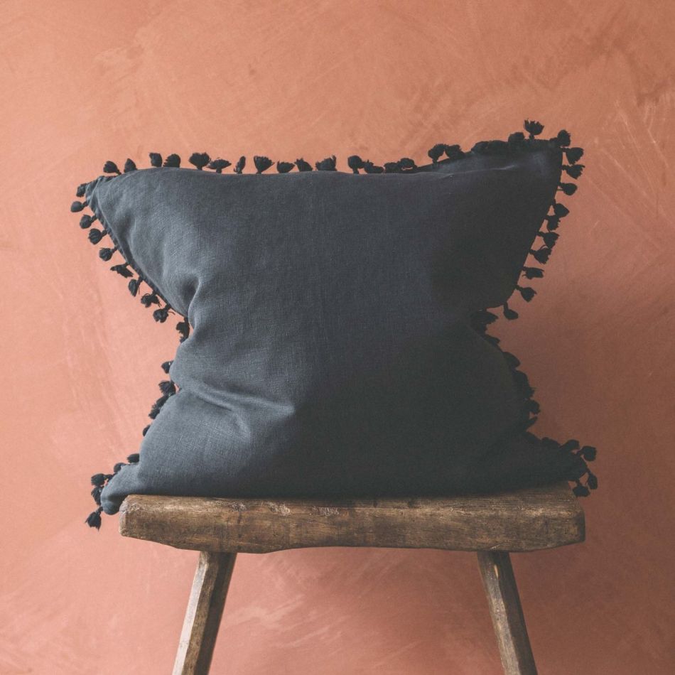 Large Charcoal Linen Tassel Cushion