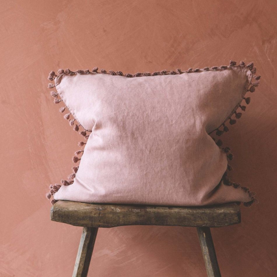 Large Rose Linen Tassel Cushion