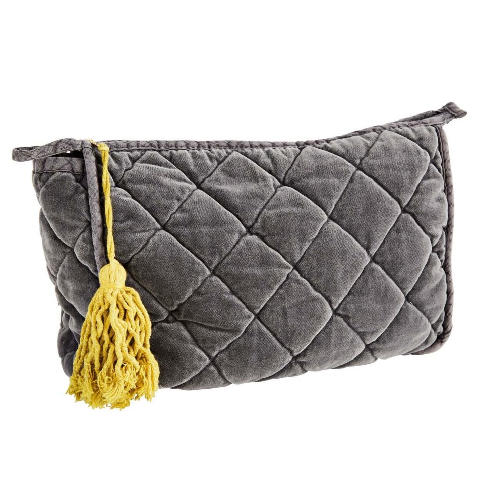Large Quilted Charcoal Velvet Pouch