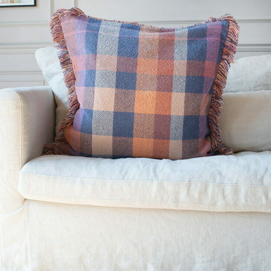 Blue Check Recycled Cotton Cushion
