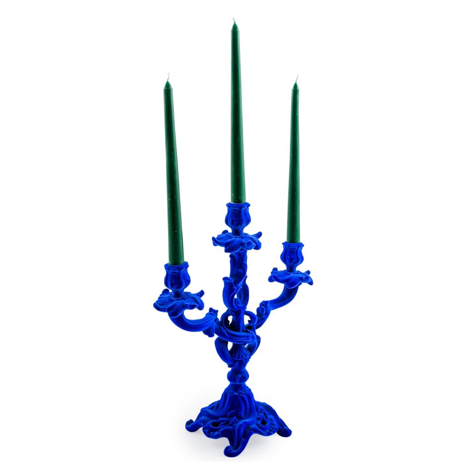 Cobalt Blue Flocked Ornate Candelabra