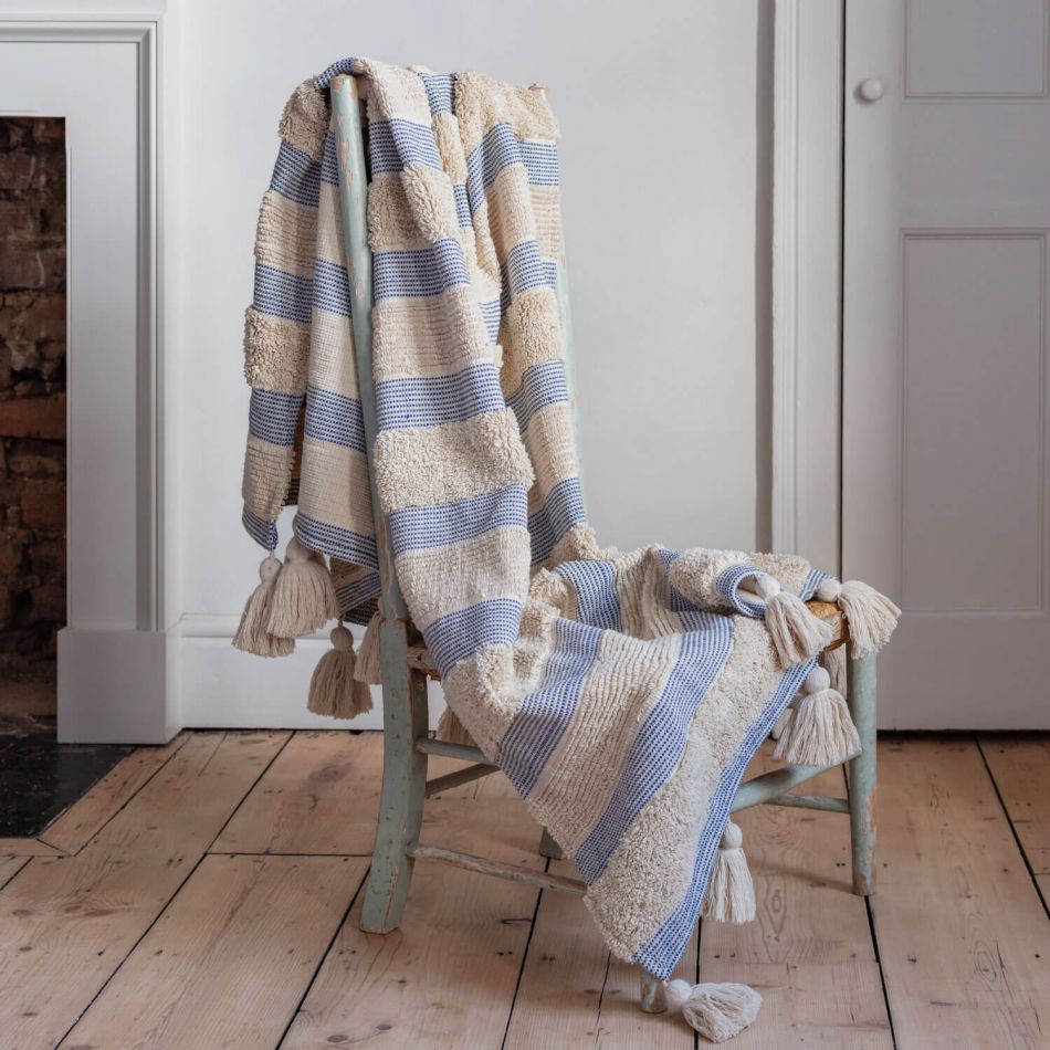 Misty Blue and White Striped Throw