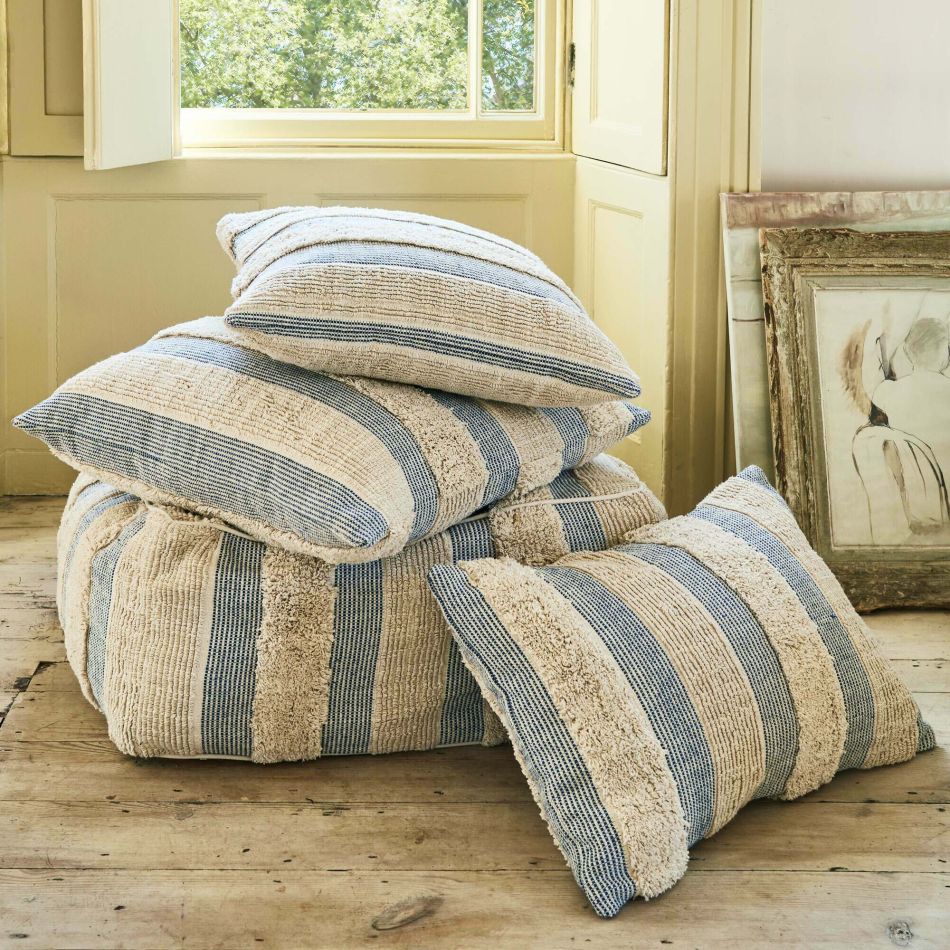 Misty Blue and White Striped Pouffe