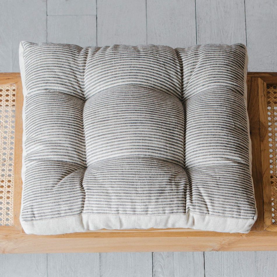 Striped Linen Square Seat Pad with Linen Border