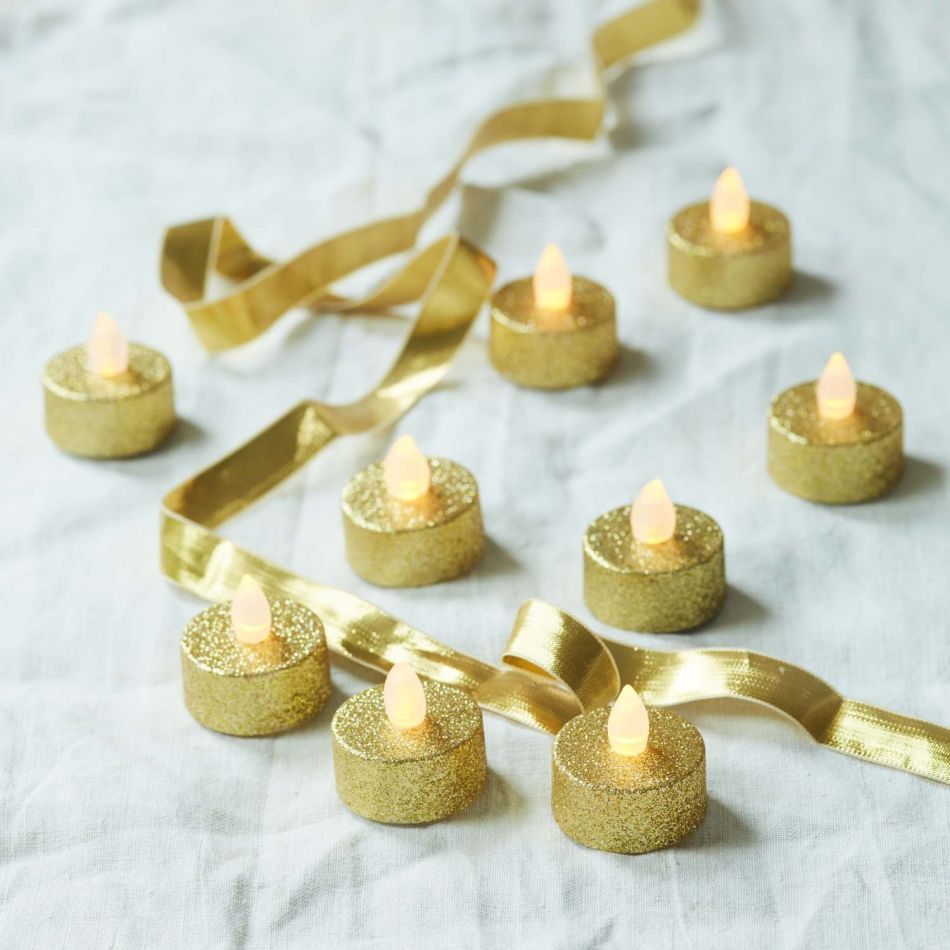 Set of Nine Gold Glitter Tea Lights