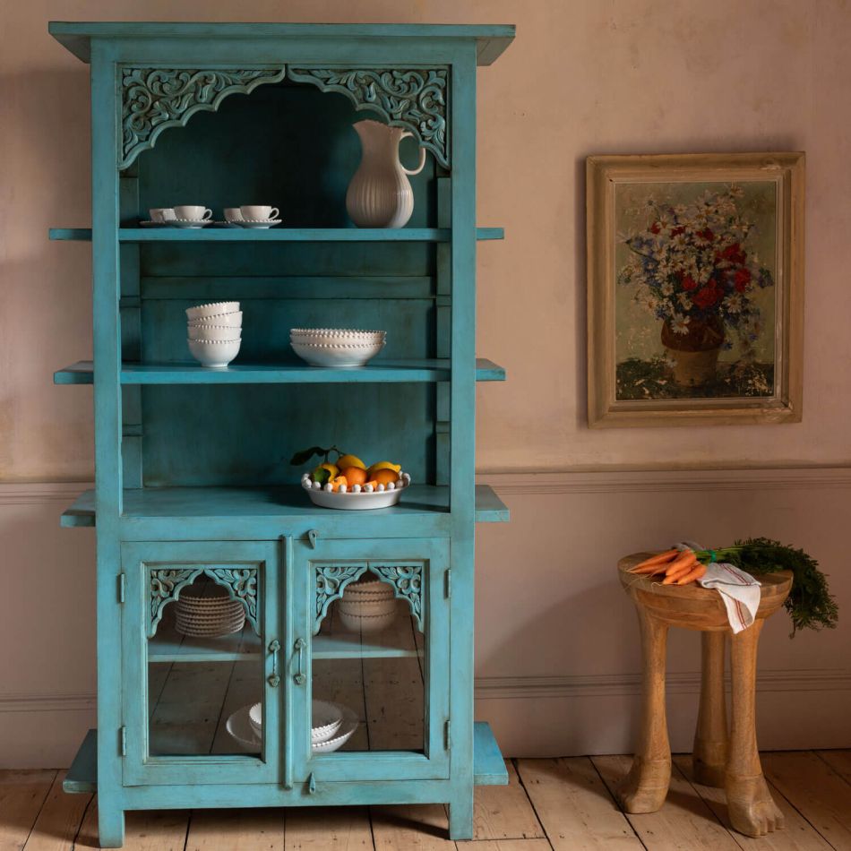 Ornate Aqua Wooden Display Cabinet