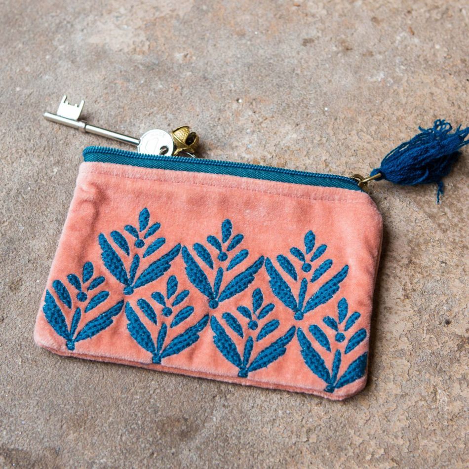 Ava Small Pink and Blue Leaf Velvet Pouch