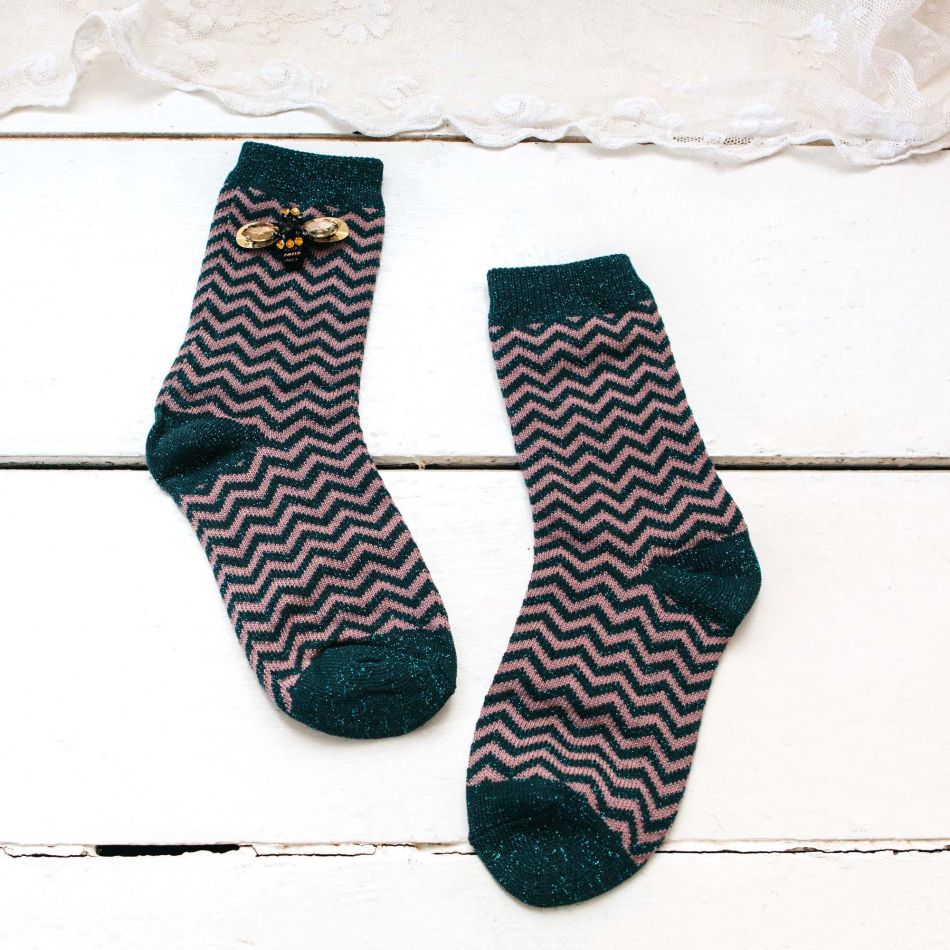 Sparkly Forest Chevron Socks with Bee Pin