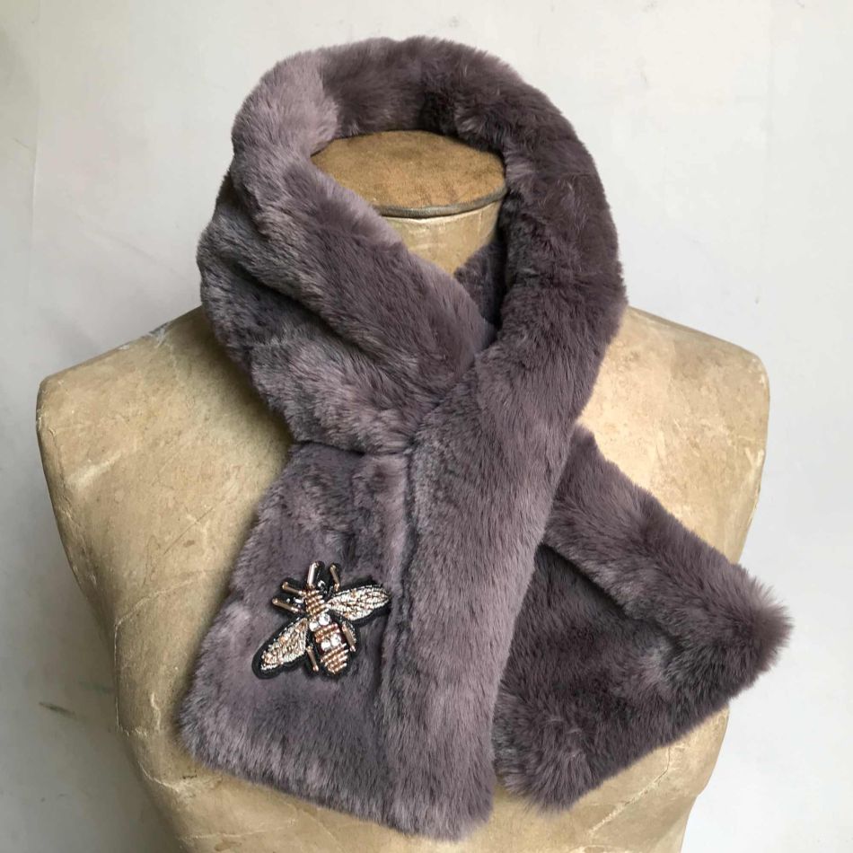 Grey Faux Fur Stole with Insect
