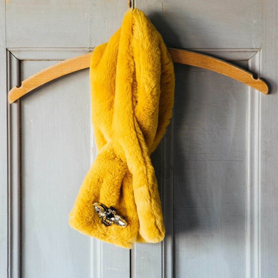 Yellow Faux Fur Stole with Bee