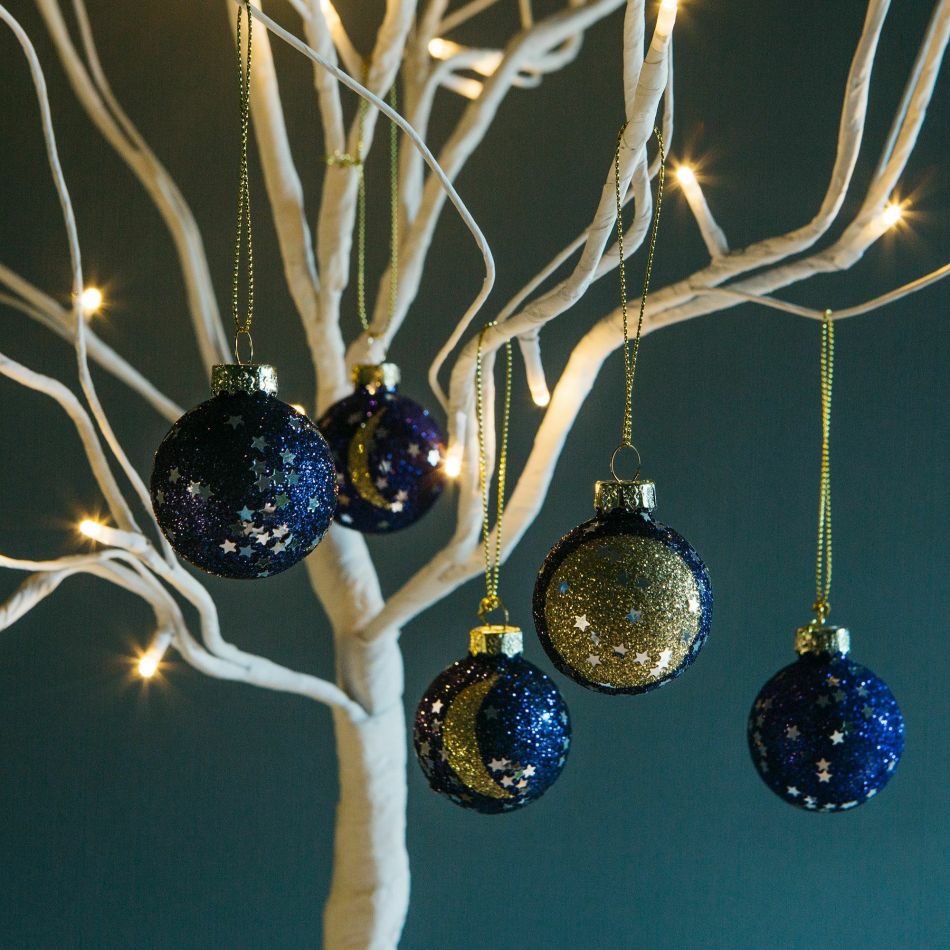 Set of Five Moon and Star Christmas Baubles