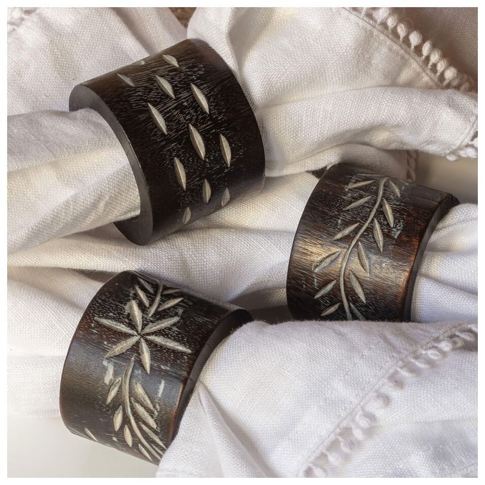 Set of Six Carved Wooden Napkin Rings
