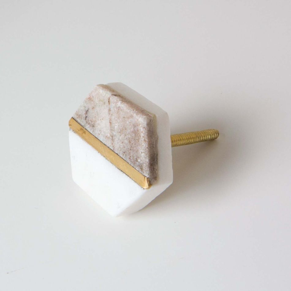 Two Tone Marble and Brass Hexagon Knob