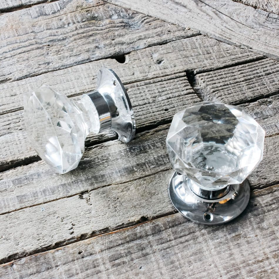 Set of Two Clear Glass and Chrome Door Knobs