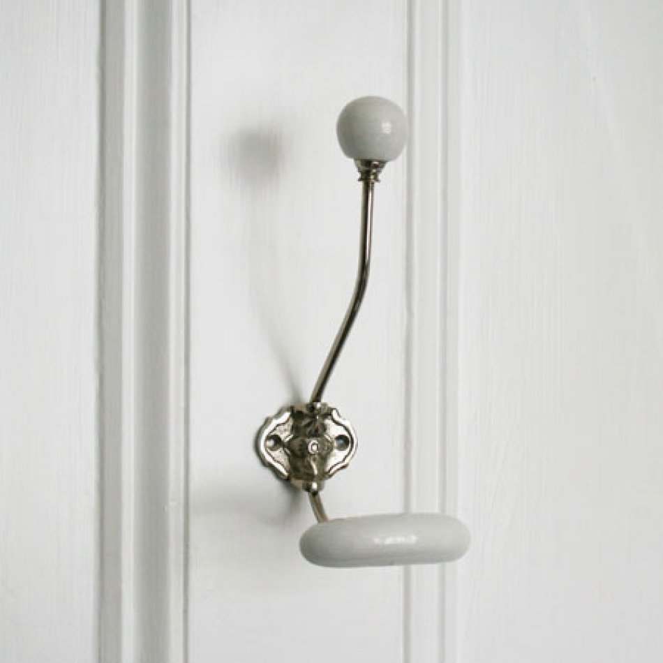 Silver Coat Hook With White Ceramic Knobs