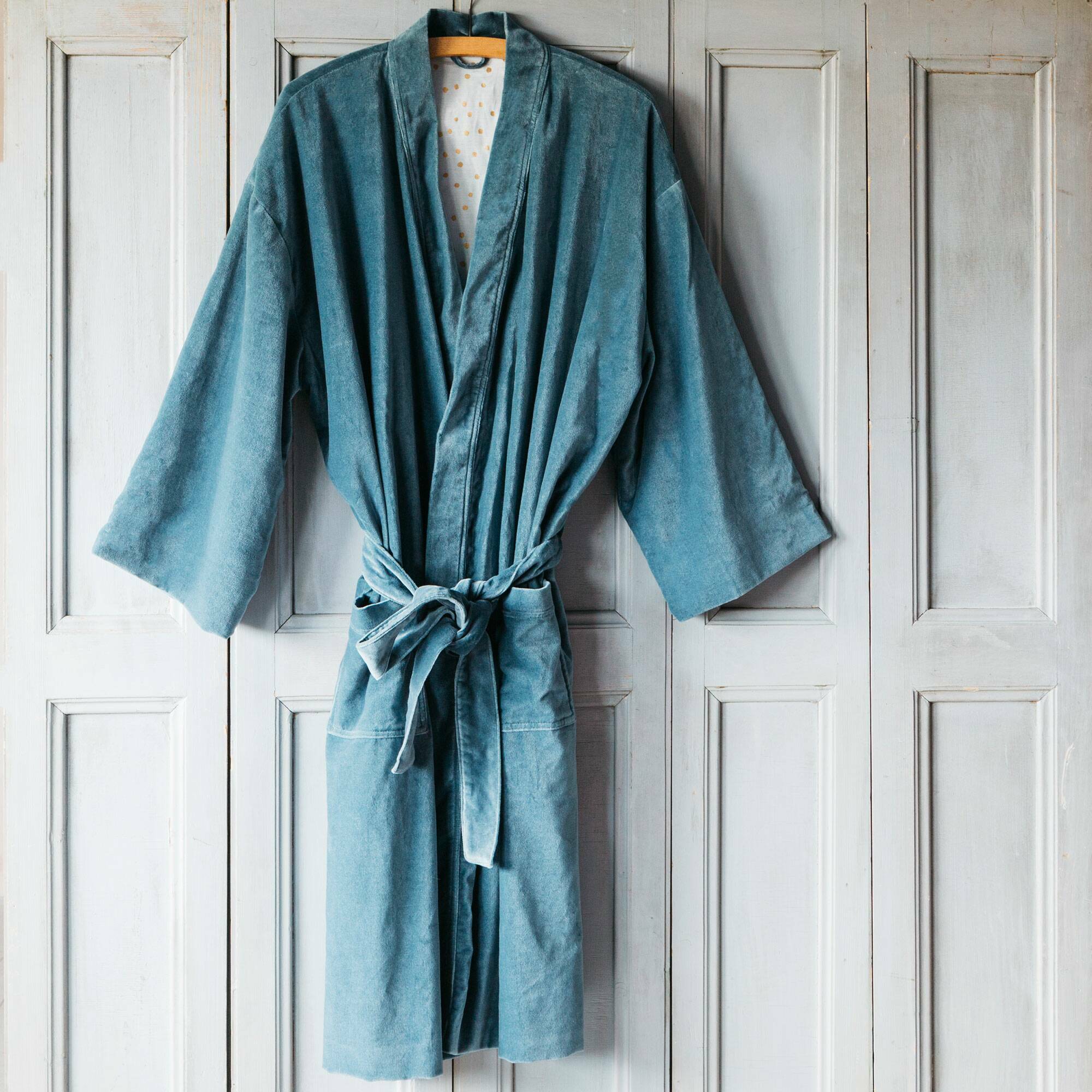 Photo of Graham and green smoke blue velvet kimono dressing gown - small/medium