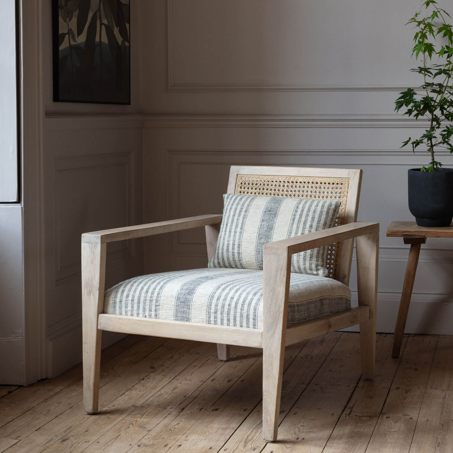 Read more about Graham and green laurel blue and white striped cane armchair