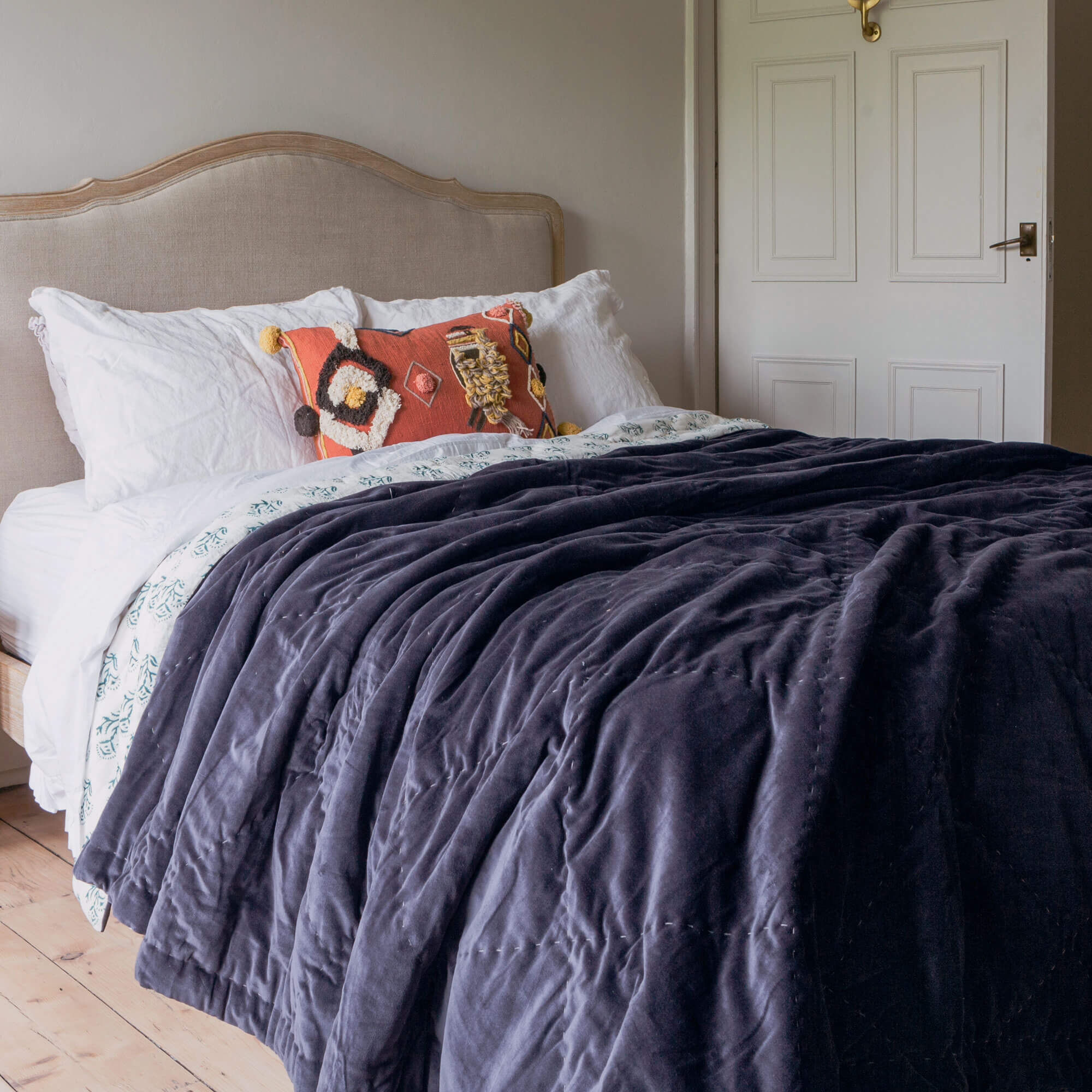 Read more about Graham and green slate blue king size velvet quilt with printed reverse