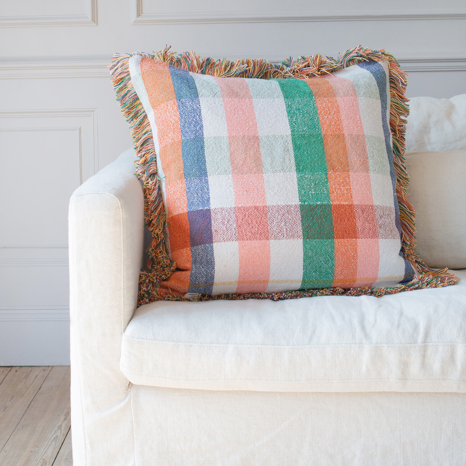 Photo of Graham and green orange check recycled cotton cushion