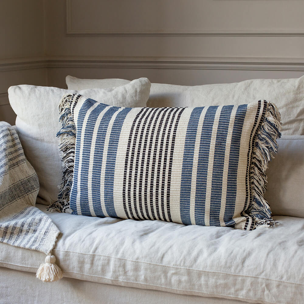 Read more about Graham and green blue stripe fringed cushion