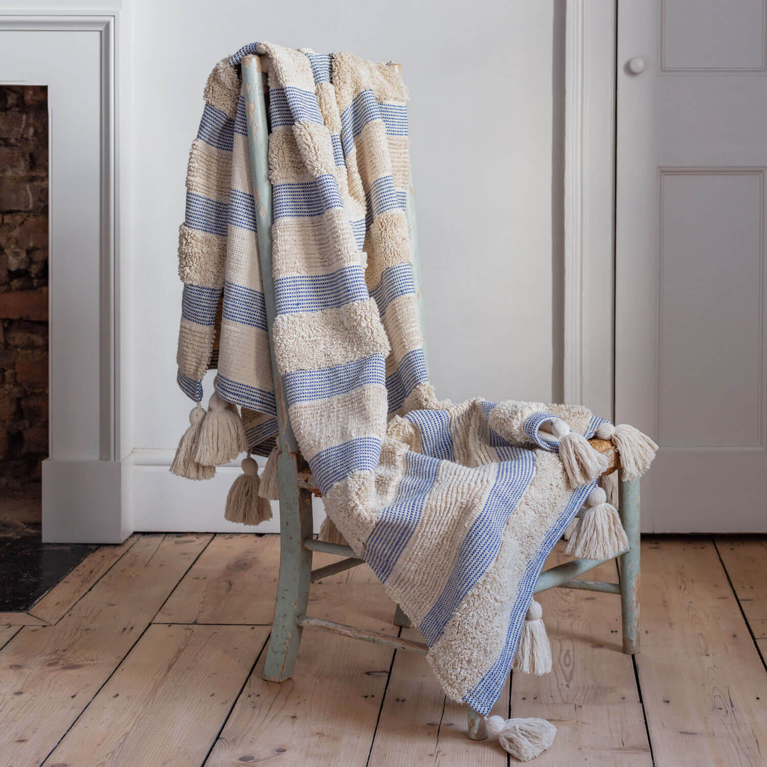 Photo of Graham and green misty blue and white striped throw