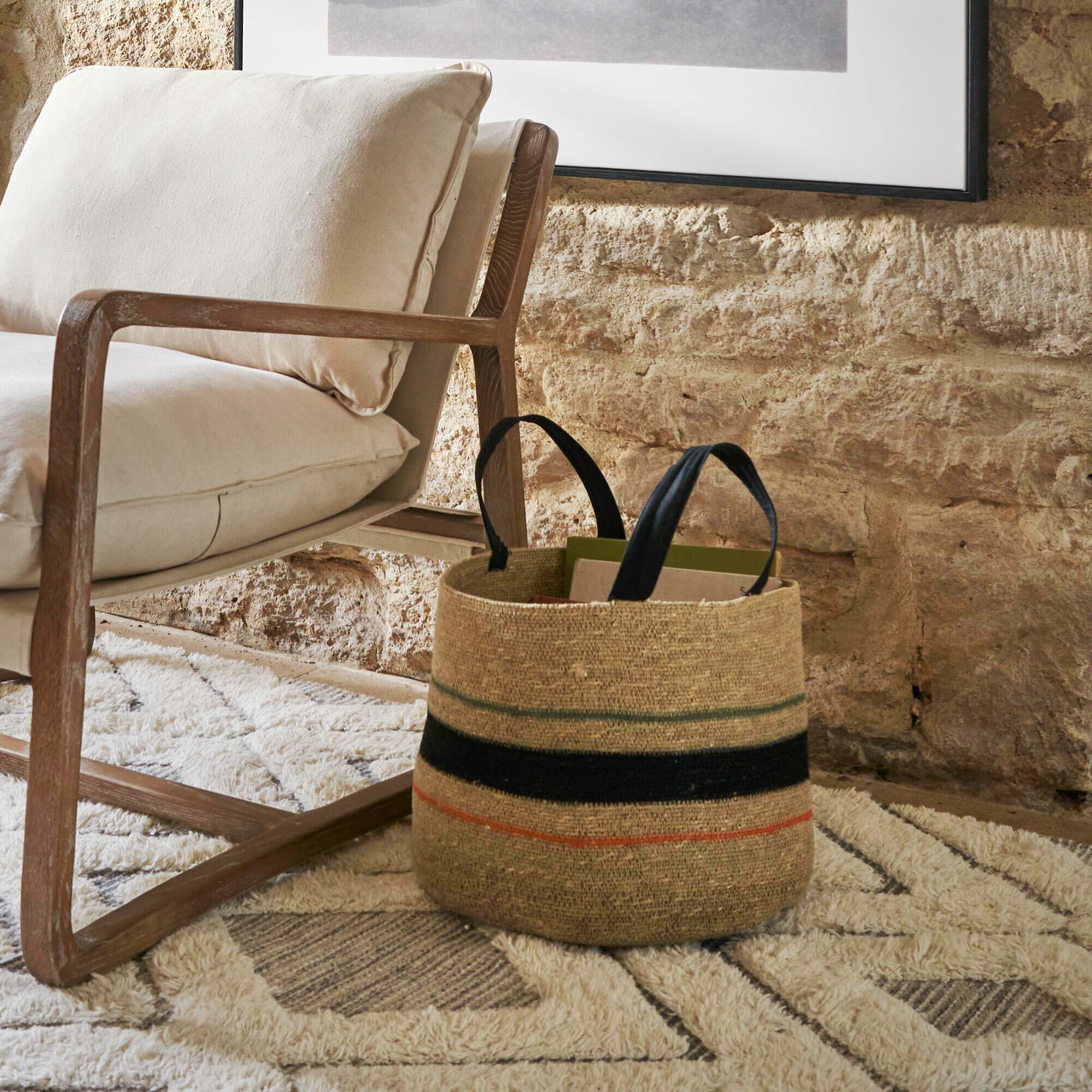 Photo of Graham and green striped seagrass basket with handles