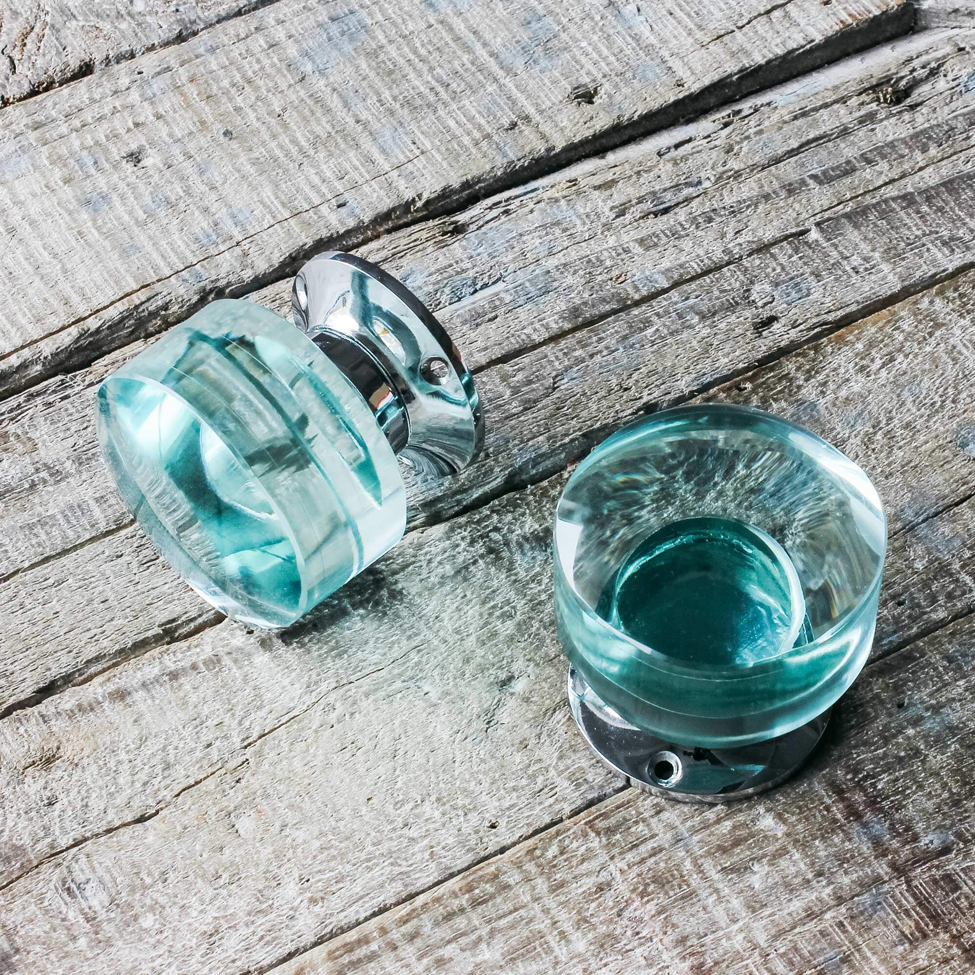 Photo of Graham and green set of two large round chrome and aqua glass door knobs