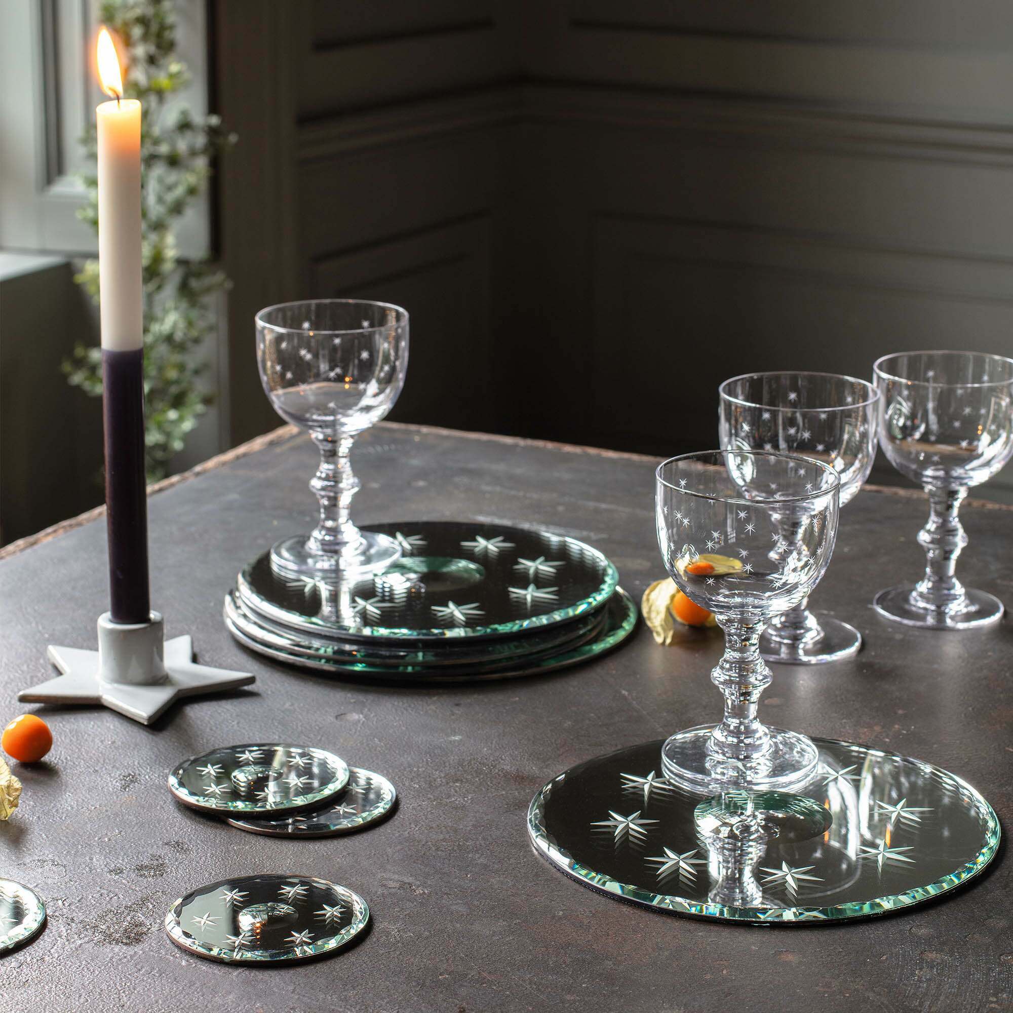Read more about Graham and green etched mirrored glass star and circle coaster