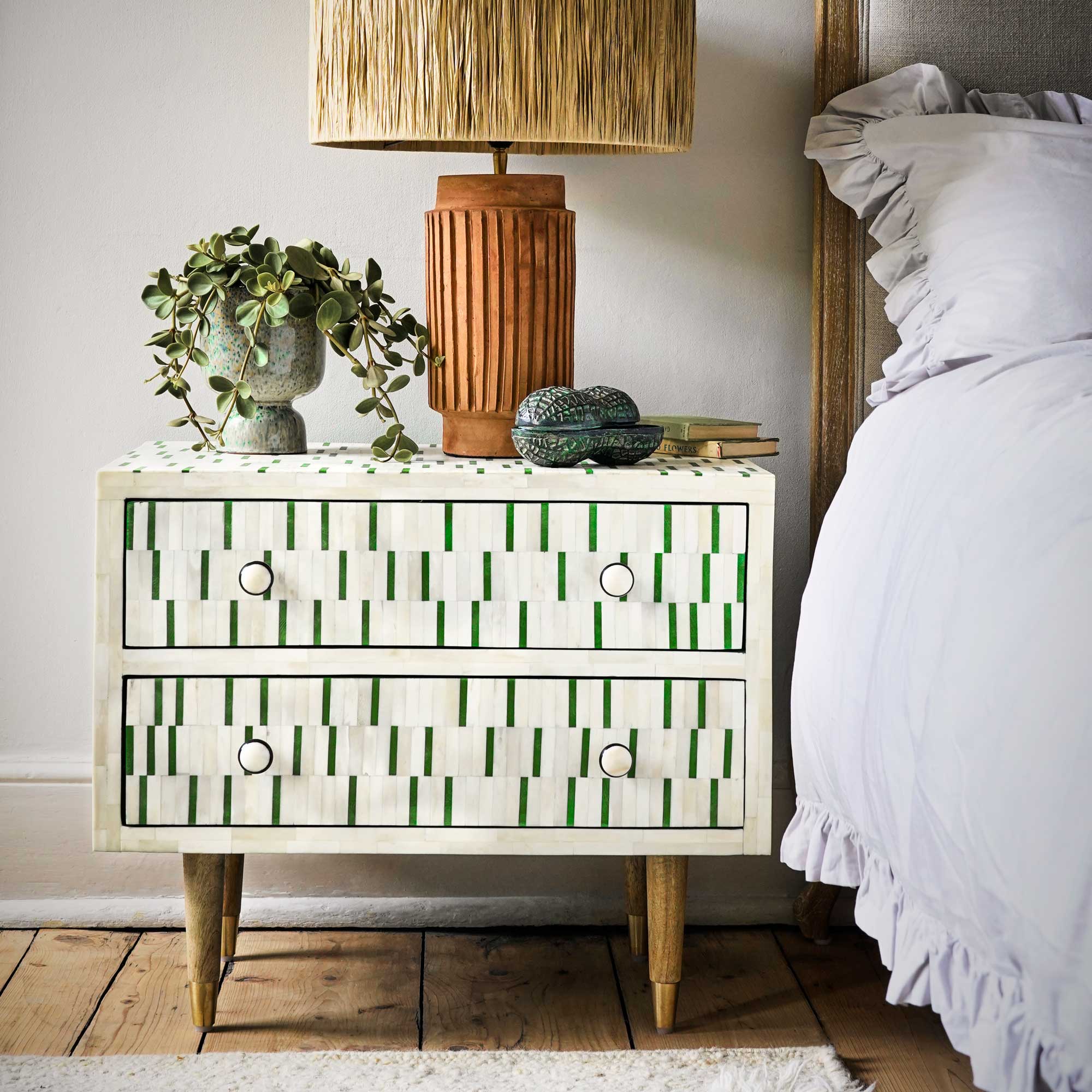 Read more about Graham and green zarina green stripe bone inlay bedside table