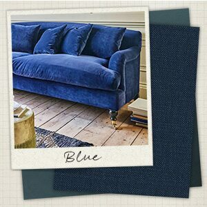 A collage with a velvet blue sofa in a picture in front of two swatches of a light blue velvet and deep blue linen.