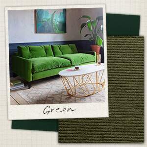 A collage with a green sofa in a picture in front of two swatches of a dark green velvet and green corduroy.