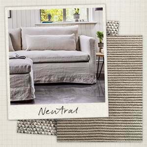 A moodboard with a natural linen sofa in a picture in front of two swatches of a natural pebble and beige corduroy.