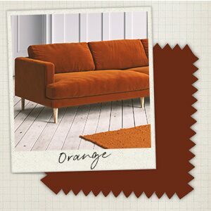 A collage with a rust orange velvet sofa in a picture in front of a swatch of a rust orange velvet fabric.