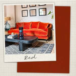 A moodboard with a red carnelian velvet sofa in a picture in front of a swatches of a rich carnelian red velvet.