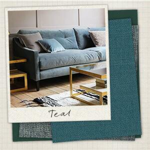 A collage with a velvet teal sofa in a picture in front of 3 swatches of a teal velvet, a light teal linen and a rich teal linen.