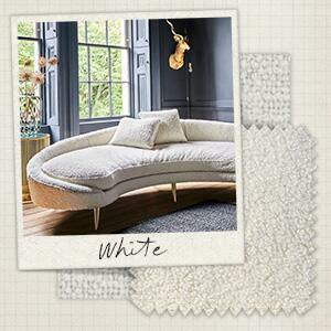 A collage with a white bouclé sofa in a picture in front of a swatch of a white chalk bouclé fabric.