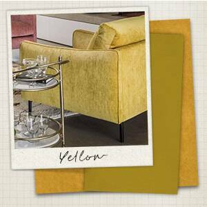A moodboard with a yellow vintage velvet sofa in a picture in front of two swatches of a yellow vintage velvet and a muted mustard velvet. 